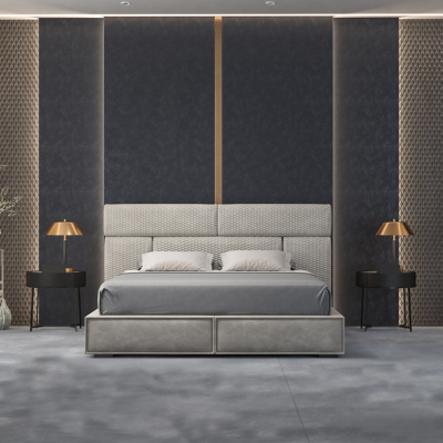 Lit double gris, lits design, mobilier de chambre à coucher, lit en cuir, cadre en bois.
