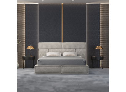 Lit double gris, lits design, mobilier de chambre à coucher, lit en cuir, cadre en bois.
