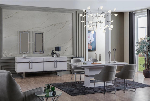 Ensemble de salle à manger design Table à manger + 4 chaises + Buffet avec 2 miroirs 8 pièces