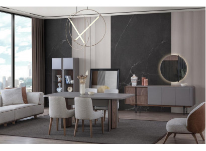 Le set de salle à manger se compose d'une table à manger, de 4 chaises et d'une enfilade avec miroir, 7 pièces.
