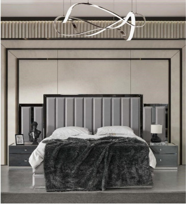 Complète Chambre Lit double Lit Tables de chevet 4 pièces Gris Armoire