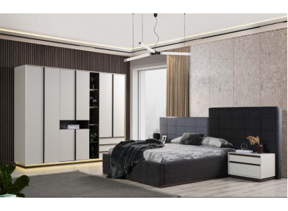 Suite Lit double Chambre Lit Tables de chevet Armoire grise 4 pièces
