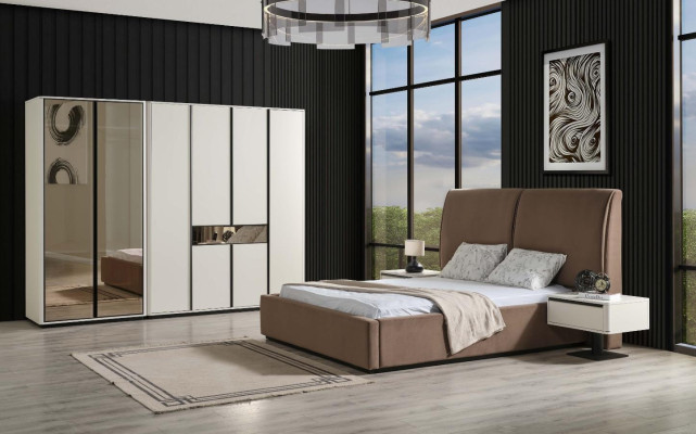 Chambre à coucher Mobilier de chambre Ensemble de chambre Lit double Lit Tables de chevet 3 pièces beige