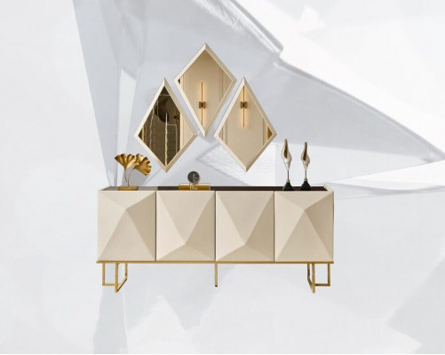 Suite Buffet avec Garde-robe Miroir Buffet Beige Commode Ensemble en Bois