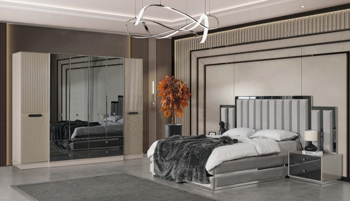 Chambre principale Lit double Lit Tables de chevet 3pcs Gris Armoire