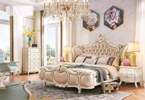 Ensemble de chambre à coucher de meubles classiques : Lit double 2x tables de chevet Commode Ensemble de luxe 4 pièces