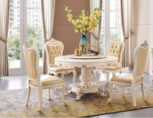 Ensemble de salle à manger Table ronde 4x chaises Ensemble de luxe Chesterfield