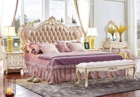 Ensemble de chambre à coucher - Design de meubles classiques en bois massif - Couleurs blanches de luxe - 6 pièces