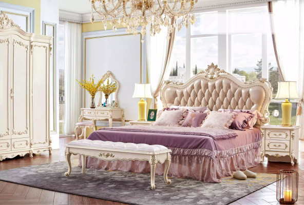 Ensemble de chambre à coucher - Design de meubles classiques en bois massif - Couleurs blanches de luxe - 6 pièces