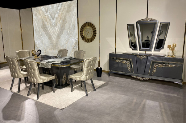 Ensemble de salle à manger 9 pièces. Table à manger + 6 chaises Buffet avec miroir Gris nouveau