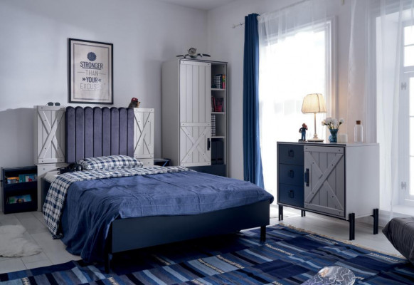 Luxury Modern Blue Bedroom Set Bed Chest of drawers Bookshelf Wood new 3pcs  Ensemble de chambre à coucher moderne de luxe en bleu avec lit, commode, bibliothèque en bois neuf 3 pièces