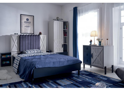 Luxury Modern Blue Bedroom Set Bed Chest of drawers Bookshelf Wood new 3pcs  Ensemble de chambre à coucher moderne de luxe en bleu avec lit, commode, bibliothèque en bois neuf 3 pièces
