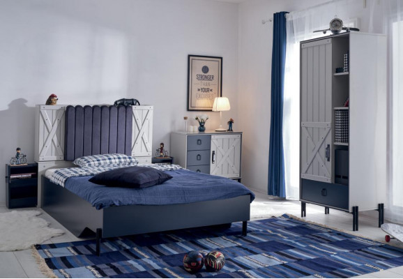 Luxury Modern Blue Bedroom Set Bed Chest of drawers Bookshelf Wood new 3pcs  Ensemble de chambre à coucher moderne de luxe en bleu avec lit, commode, bibliothèque en bois neuf 3 pièces