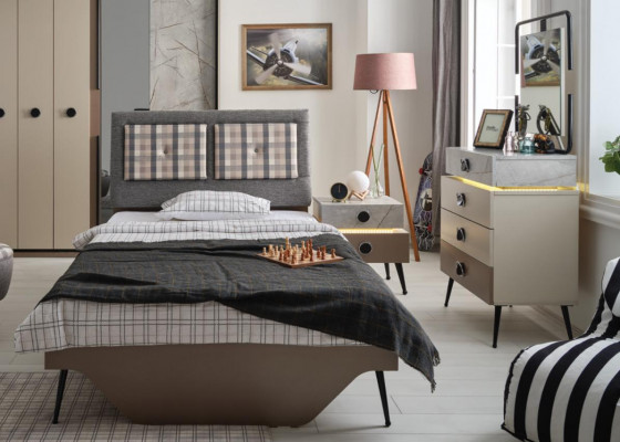Chambre multicolore Lit complet Table de chevet Commode Miroir neuf
