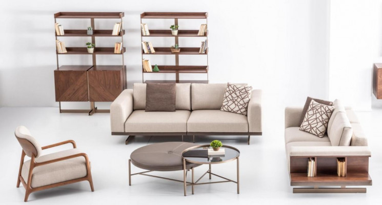 Ensemble de canapé moderne beige comprenant un canapé trois places et un canapé deux places, meubles de luxe en tissu.