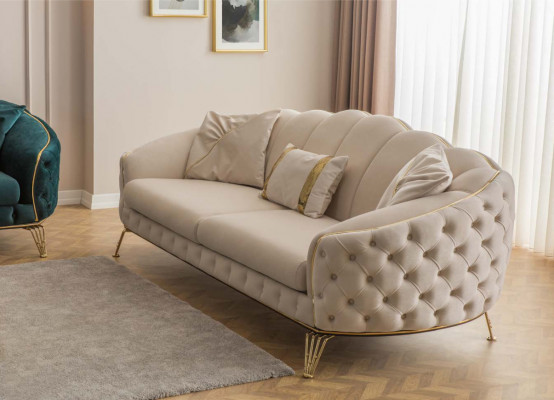 Ensemble de canapé de salon Chesterfield moderne beige x2 Fauteuils rembourrés 3 places