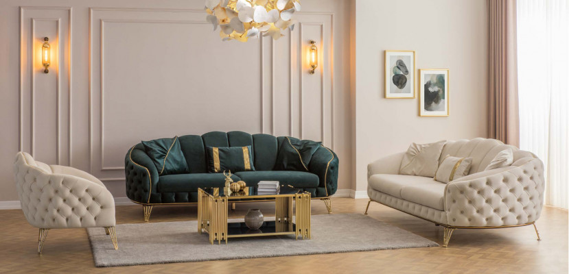 Ensemble de canapé de salon Chesterfield moderne beige x2 Fauteuils rembourrés 3 places