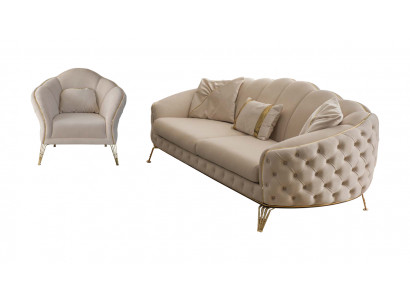 Ensemble de salon beige moderne Canapé 3 places Fauteuil Fauteuil textile Salon