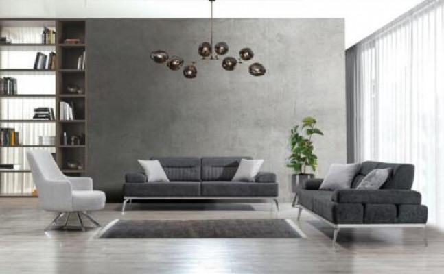 Ensemble de salon 3 pièces 2 canapés 3 places gris avec fauteuil blanc design moderne en textile