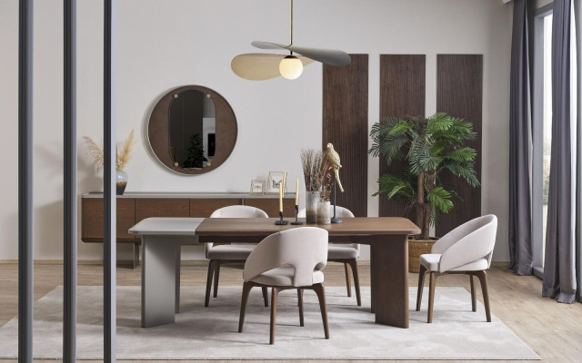 Grande suite de salle à manger Table à manger de designer 4x chaises Buffet Miroir