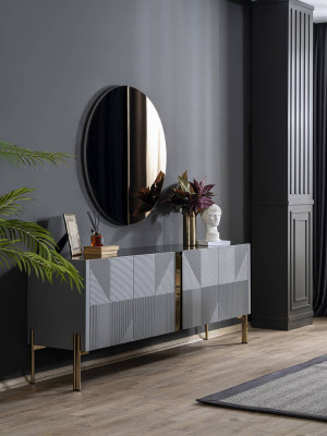 Ensemble de salle à manger noir buffet design de luxe miroir rond 2 pièces