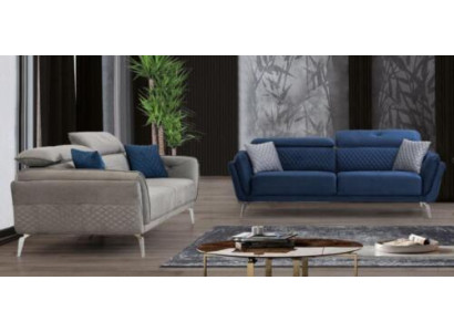 Designer Set de canapé rembourré en tissu gris bleu de luxe 2 x 3 places
