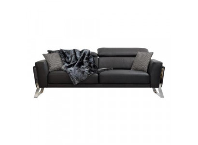 Sofa design noir à trois places pour salon, en cuir de luxe, mobilier trois places