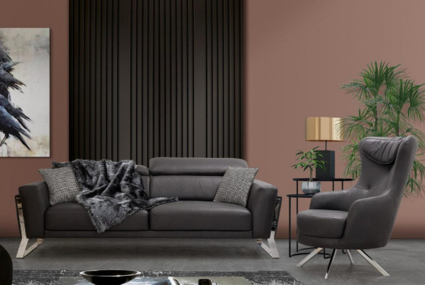 Sofa design noir à trois places pour salon, en cuir de luxe, mobilier trois places