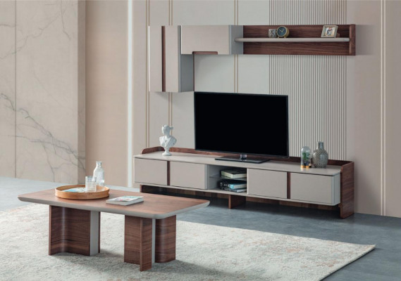 Unité murale de salon blanche Mobilier luxueux Meuble TV Buffet bas Étagères Bahut