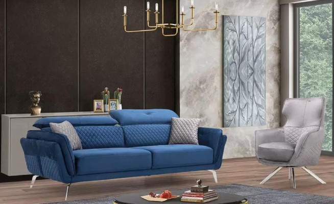 Canapé bleu en textile Moderne Salon Trois places de luxe Canapé 3 places