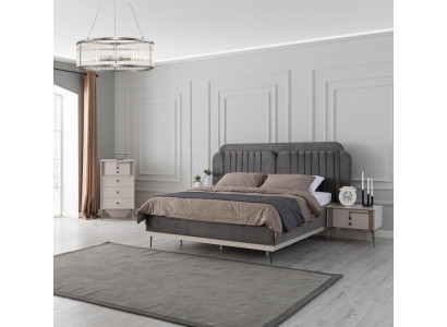 Chambre Grise Ameublement Designer Textile Lit 2x Tables de chevet en bois