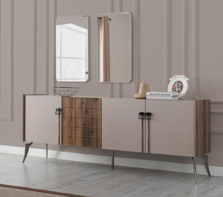 Moderne Suite de Luxe Beige Buffet 2x Miroir Meuble en Bois Buffet