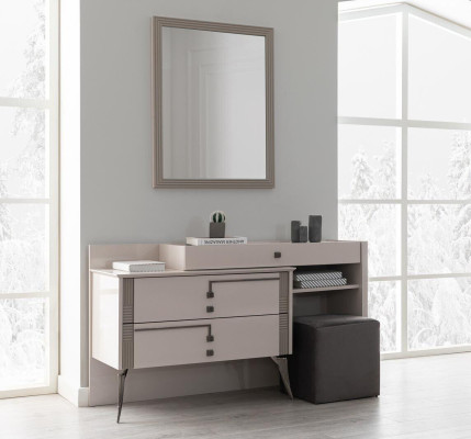 Ensemble de chambre beige Table de toilette de designer Miroir et tabouret 3 pièces