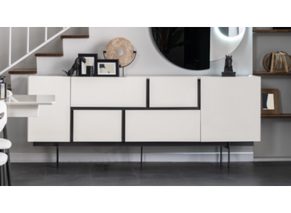 Buffet latéral noir et blanc robuste de la salle à manger, designer en bois, meuble à tiroirs.