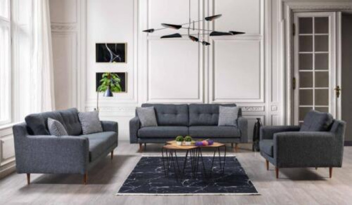 Ensemble salon gris luxueux 2x canapés en textile fauteuil rembourré design