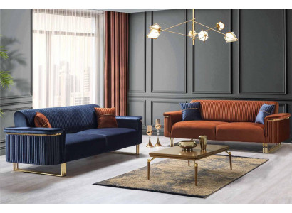 Ensemble canapé de salon bleu-oranges de designer en tissu, meubles modernes canapés 2 pièces