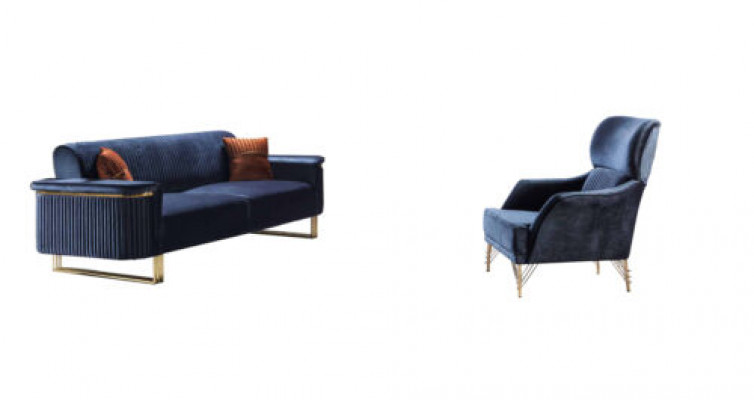 Blue's Living room Set Designer 3-Seater Upholstered Armchair Luxury Furniture 2-piece Le salon designer Blue's comprend un fauteuil rembourré 3 places et un meuble de luxe 2 pièces.