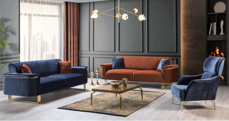 Blue's Living room Set Designer 3-Seater Upholstered Armchair Luxury Furniture 2-piece Le salon designer Blue's comprend un fauteuil rembourré 3 places et un meuble de luxe 2 pièces.
