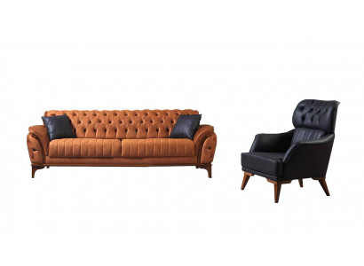 Suite Orange-Noir Chesterfield luxueuse Ensemble de fauteuils trois places 2 pièces