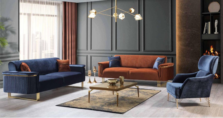 Canapé bleu e And, fauteuil Designer And, Luxe Mobilier Salon 2 pièces