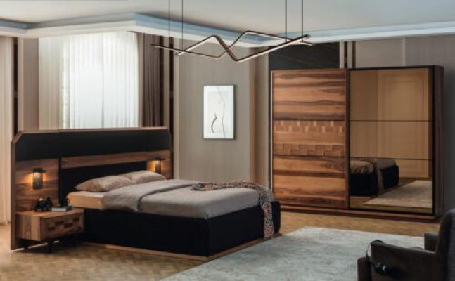 Exquise Suite de chambre Lit double noble 2x Tables de nuit en bois