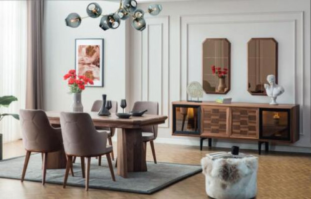 Ensemble de salle à manger élégant composé d'une table en bois exclusive, d'un buffet design et de chaises - 10 pièces