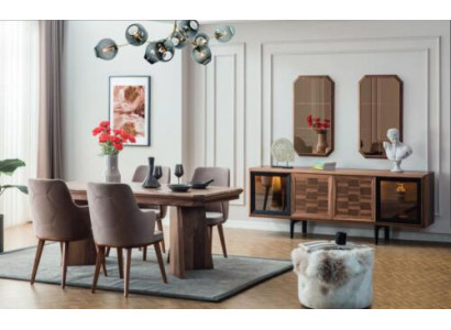 Ensemble de salle à manger élégant composé d'une table en bois exclusive, d'un buffet design et de chaises - 10 pièces