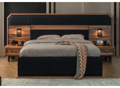 Suite de chambre en bois brun-noir Lit double 2 tables de chevet 3 pièces