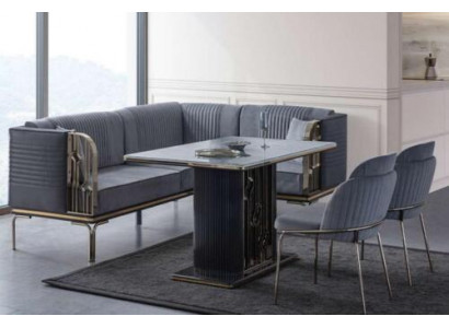 Ensemble de salle à manger exclusif en gris, table de luxe en acier inoxydable 2x chaises textiles