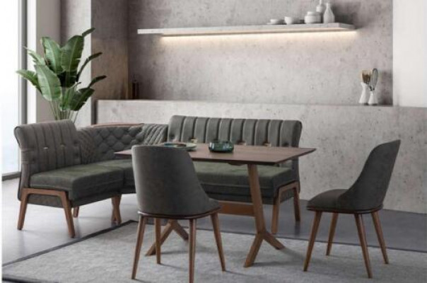 Gray Dining room Suite Wood Dining table 2x textile chairs corner bench 4-piece set French: Suite salle à manger grise Table à manger en bois 2 chaises en textile Banquette d'angle Ensemble 4 pièces