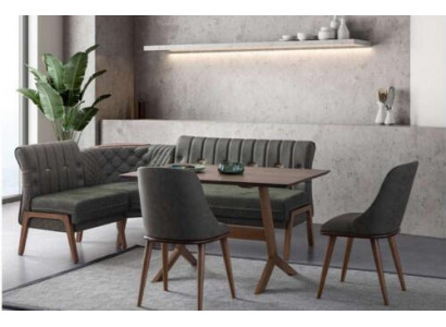Gray Dining room Suite Wood Dining table 2x textile chairs corner bench 4-piece set French: Suite salle à manger grise Table à manger en bois 2 chaises en textile Banquette d'angle Ensemble 4 pièces
