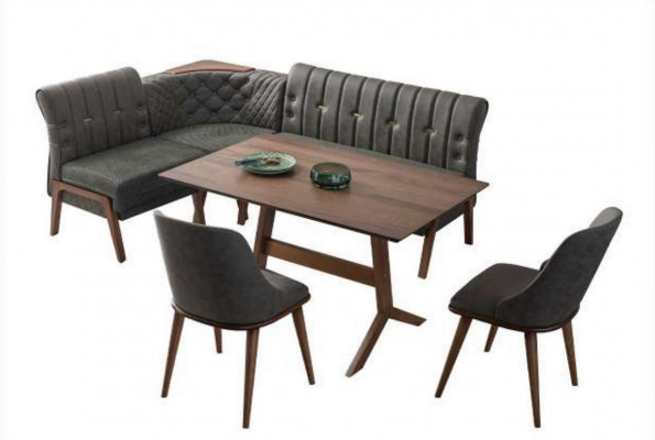 Gray Dining room Suite Wood Dining table 2x textile chairs corner bench 4-piece set French: Suite salle à manger grise Table à manger en bois 2 chaises en textile Banquette d'angle Ensemble 4 pièces