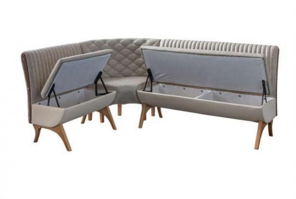 Ensemble de salle à manger design en gris clair avec banquette d'angle rembourrée, 2 chaises et table à manger.