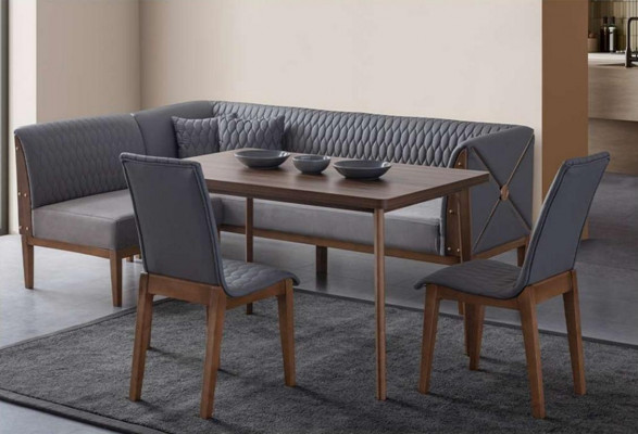 Suite de salle à manger grise et élégante avec table à manger brune et 2 tabourets.